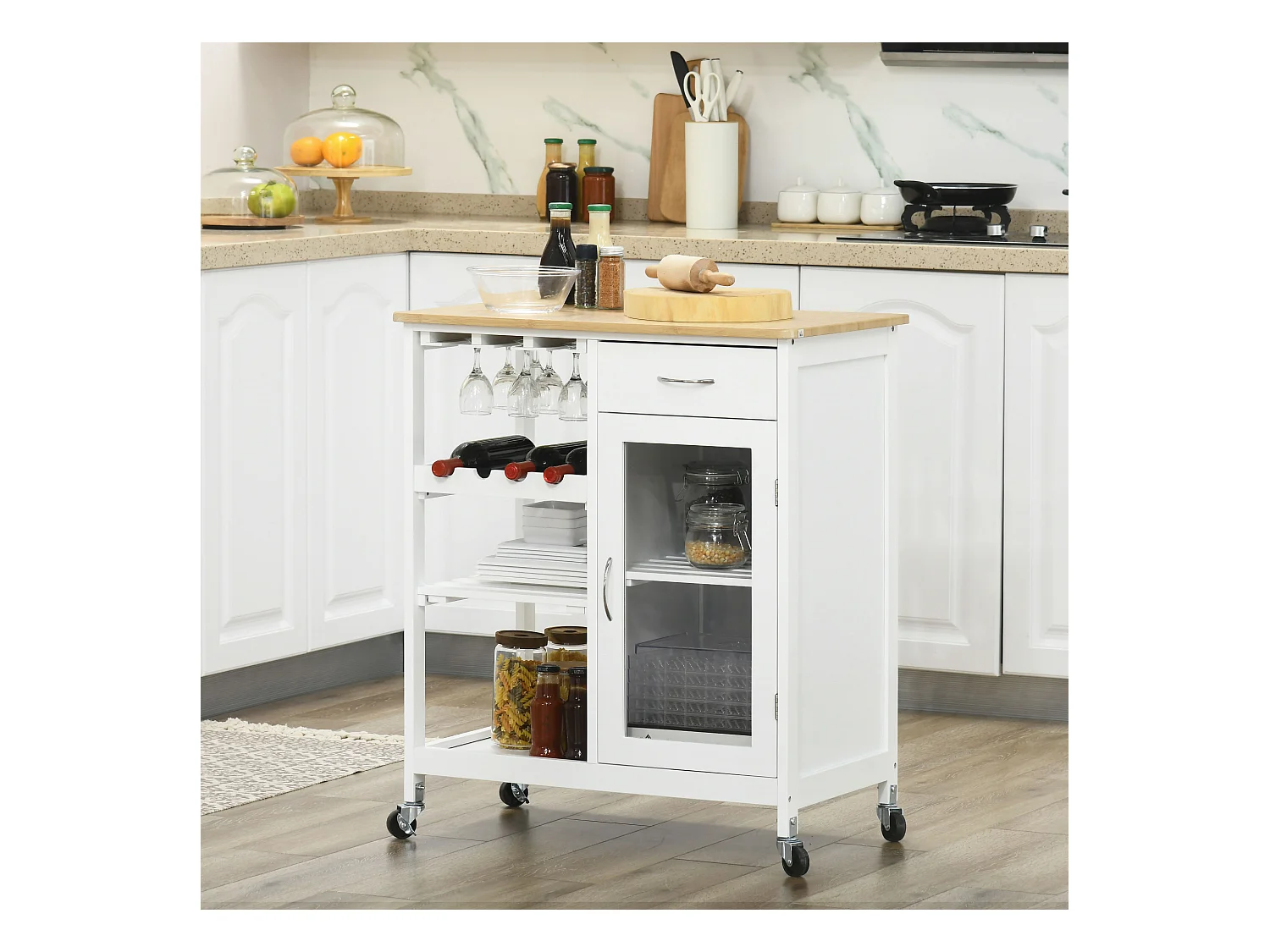 Desserte de cuisine multi-rangement - porte acrylique poignées métal MDF blanc aspect bambou