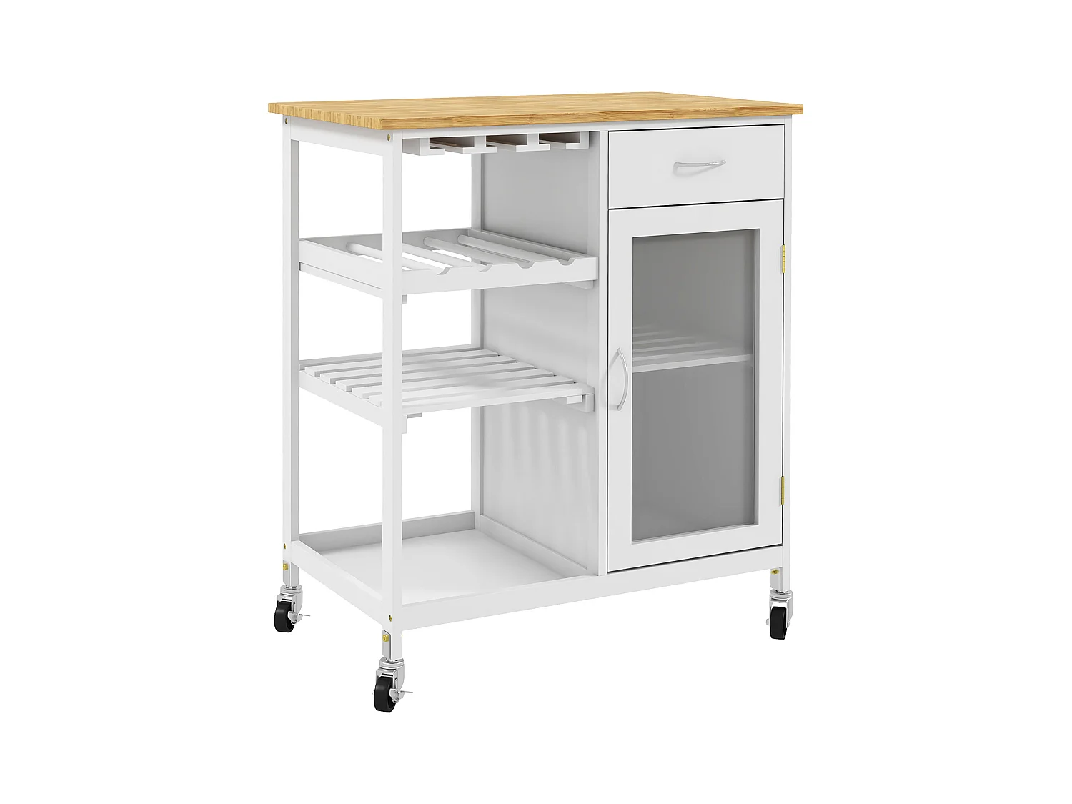 Desserte de cuisine multi-rangement - porte acrylique poignées métal MDF blanc aspect bambou