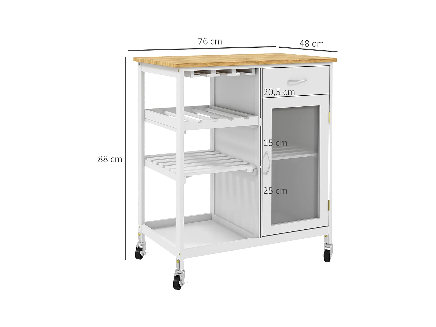 Desserte de cuisine multi-rangement - porte acrylique poignées métal MDF blanc aspect bambou