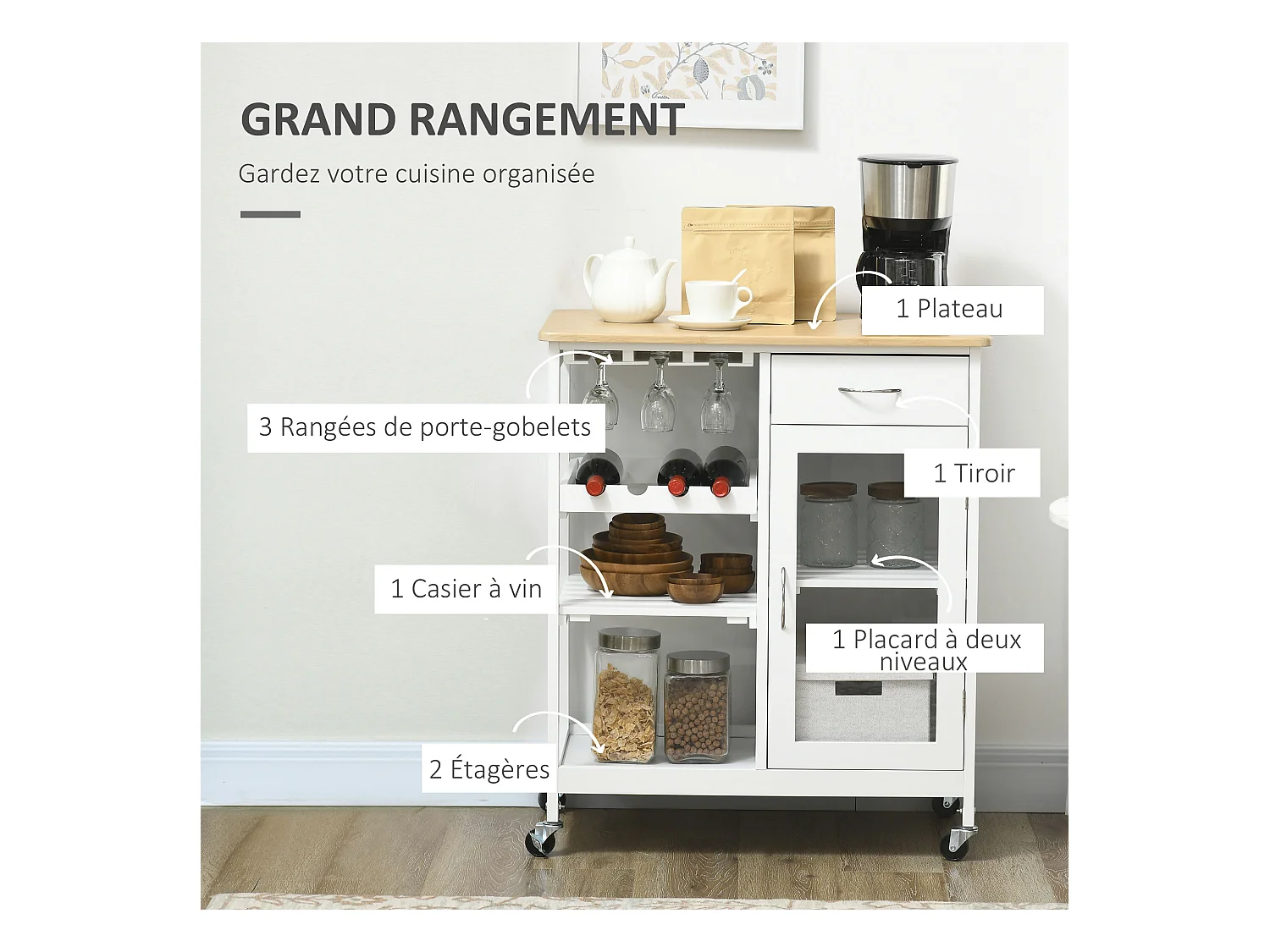 Desserte de cuisine multi-rangement - porte acrylique poignées métal MDF blanc aspect bambou