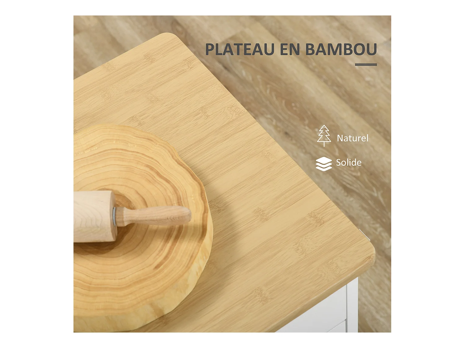 Desserte de cuisine multi-rangement - porte acrylique poignées métal MDF blanc aspect bambou