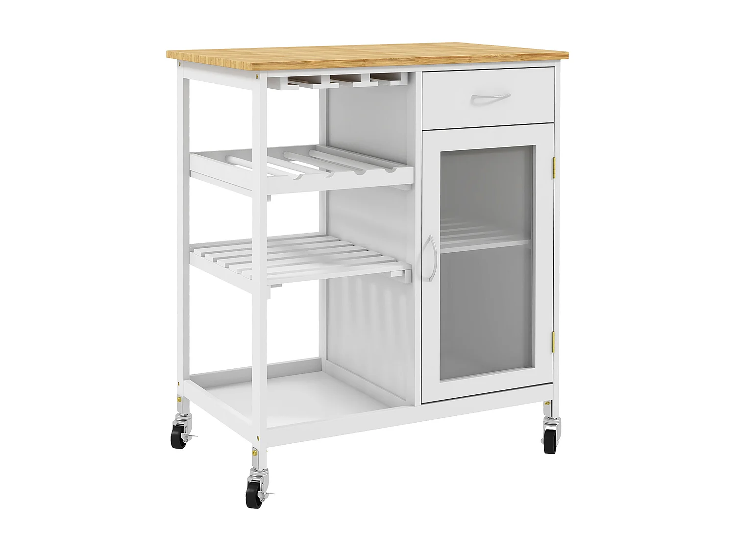 Desserte de cuisine multi-rangement - porte acrylique poignées métal MDF blanc aspect bambou