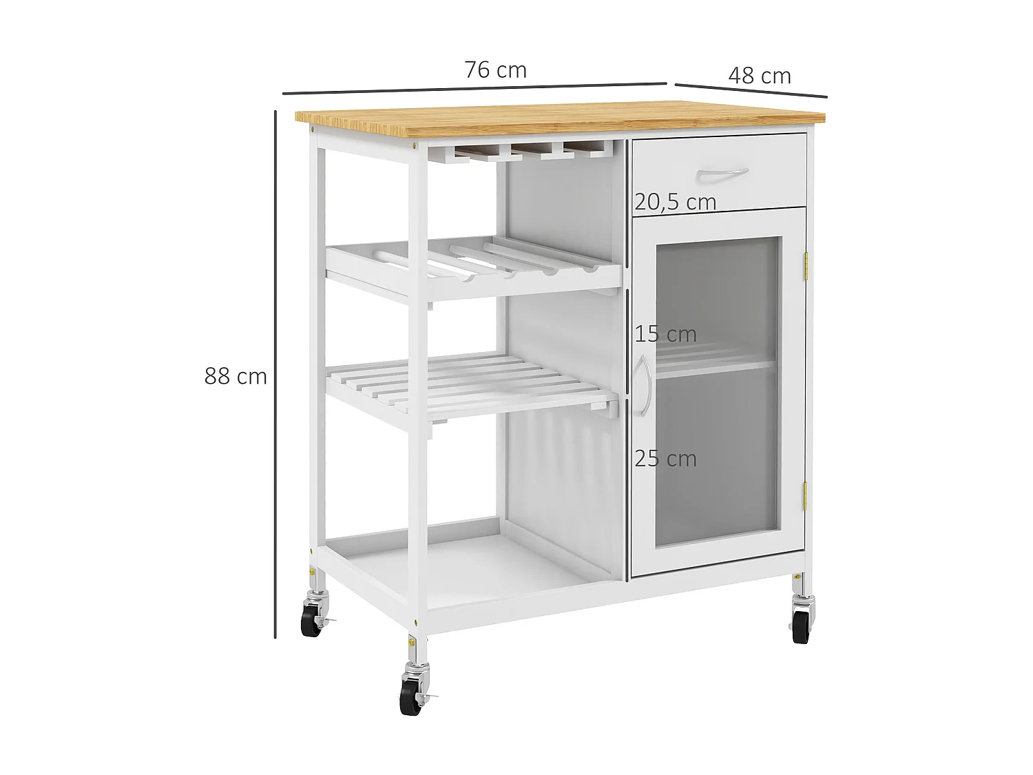 Desserte de cuisine multi-rangement - porte acrylique poignées métal MDF blanc aspect bambou