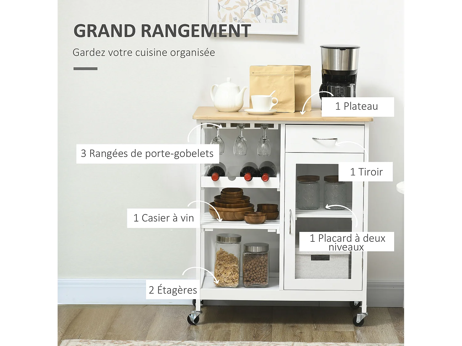 Desserte de cuisine multi-rangement - porte acrylique poignées métal MDF blanc aspect bambou