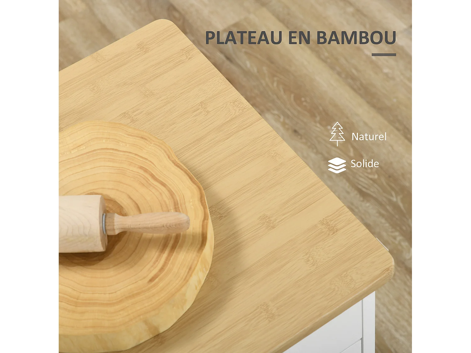 Desserte de cuisine multi-rangement - porte acrylique poignées métal MDF blanc aspect bambou