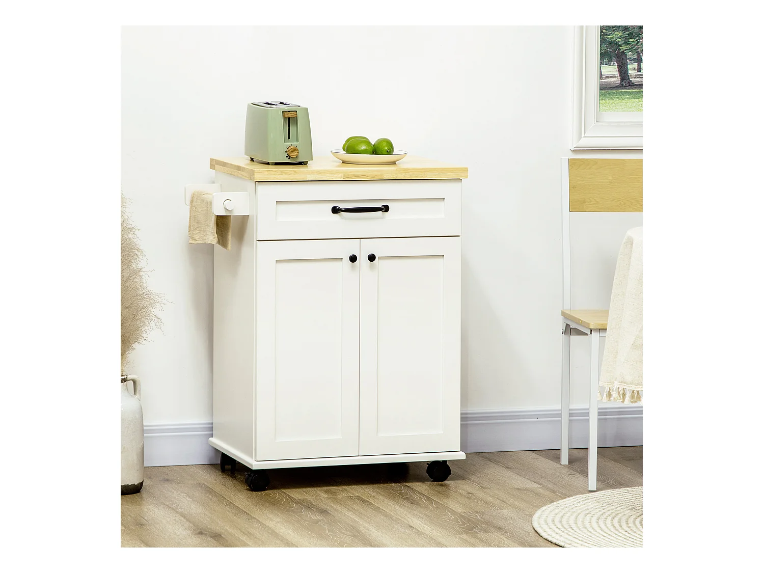 Desserte de cuisine - placard porte avec étagère réglable, tiroir, porte-torchon - blanc bois d'hévéa