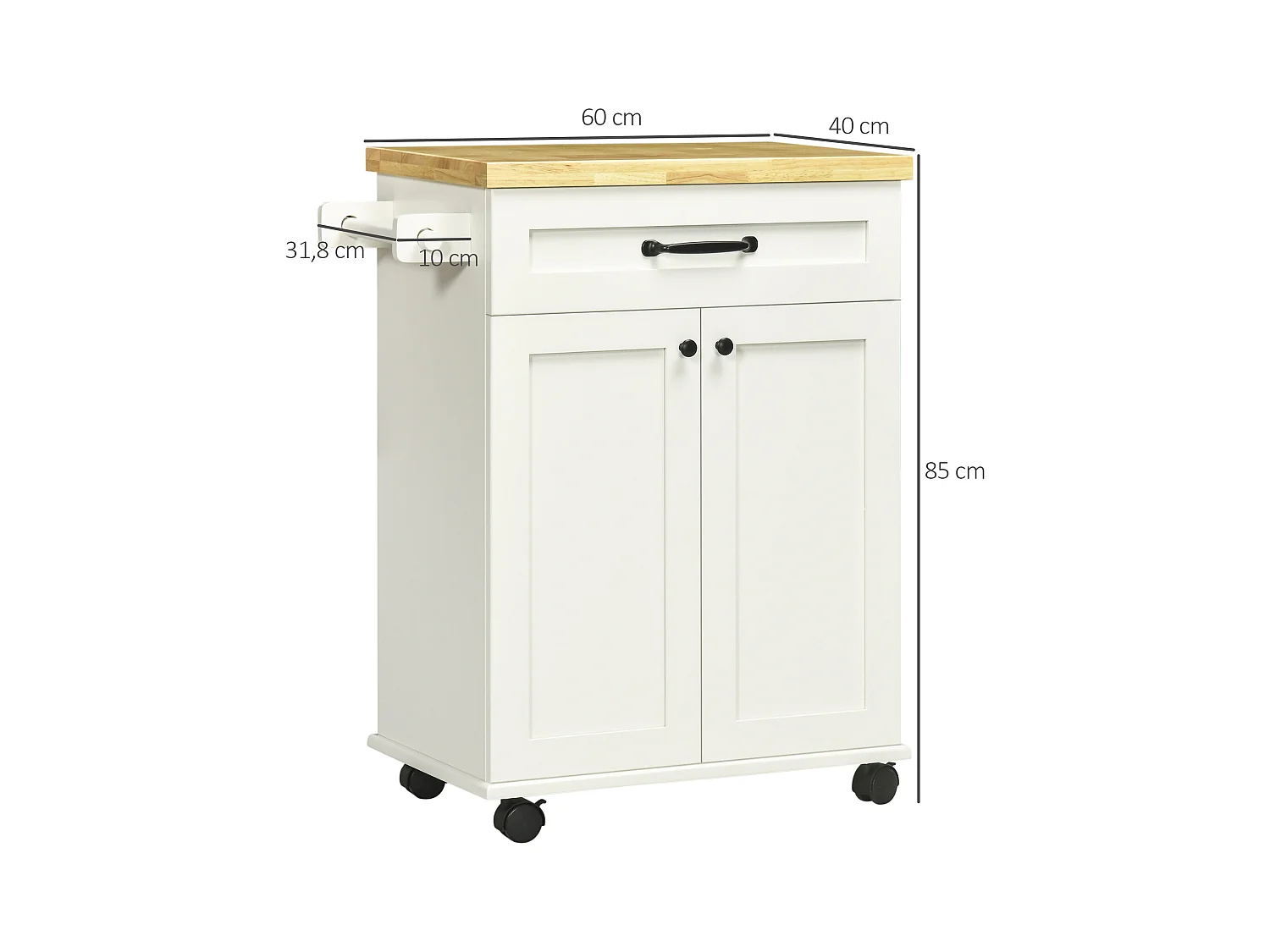 Desserte de cuisine - placard porte avec étagère réglable, tiroir, porte-torchon - blanc bois d'hévéa