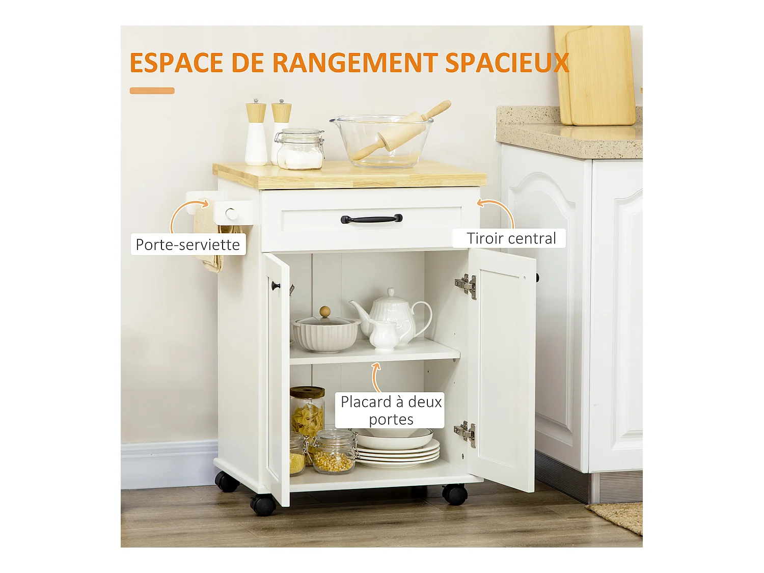 Desserte de cuisine - placard porte avec étagère réglable, tiroir, porte-torchon - blanc bois d'hévéa