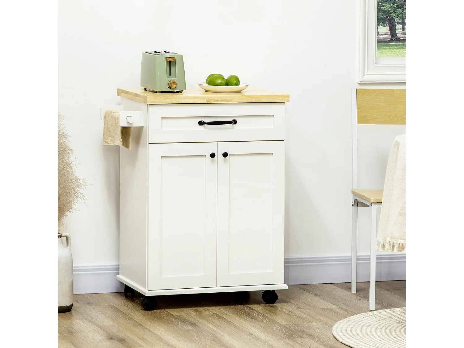 Desserte de cuisine - placard porte avec étagère réglable, tiroir, porte-torchon - blanc bois d'hévéa