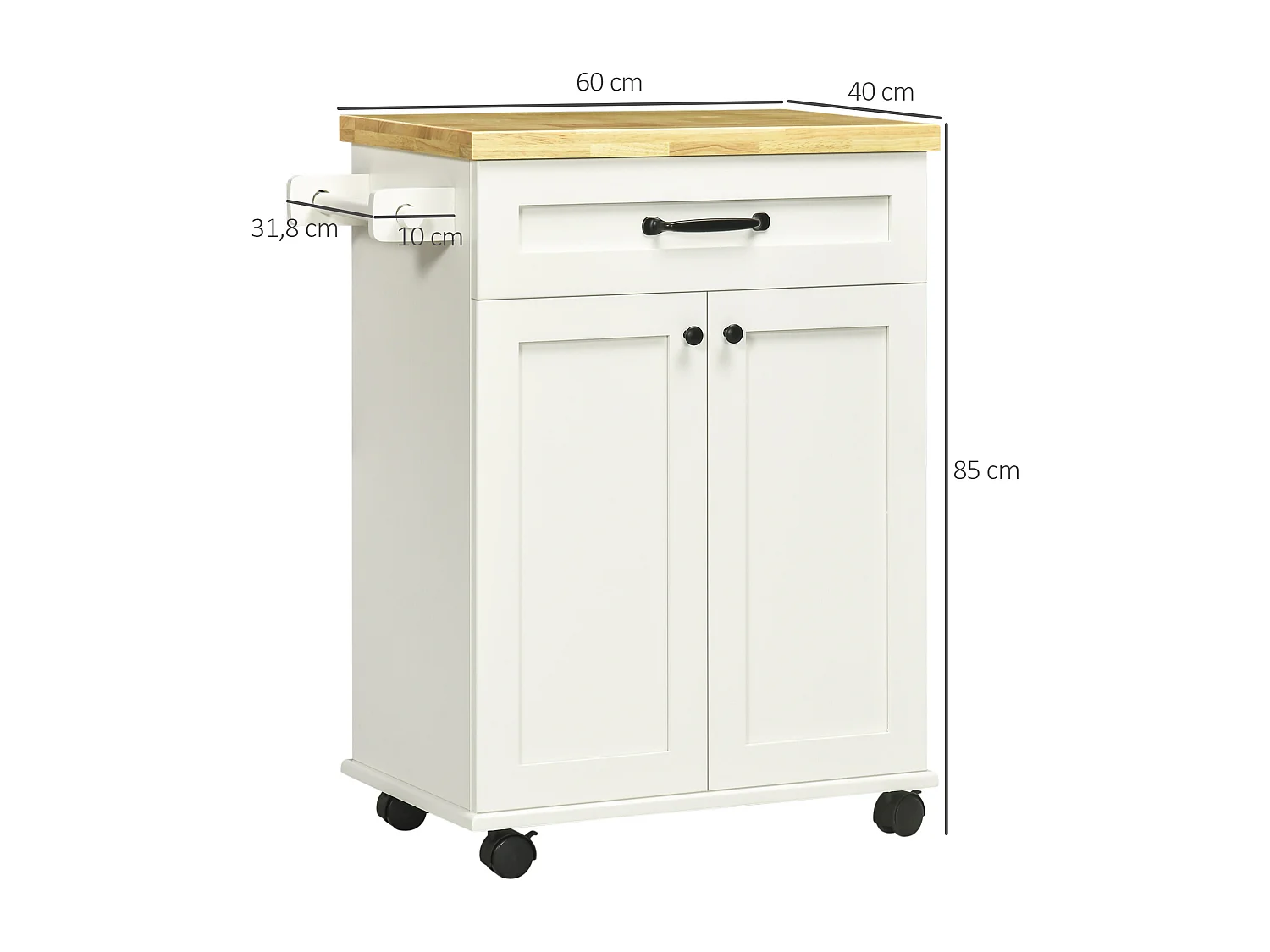 Desserte de cuisine - placard porte avec étagère réglable, tiroir, porte-torchon - blanc bois d'hévéa