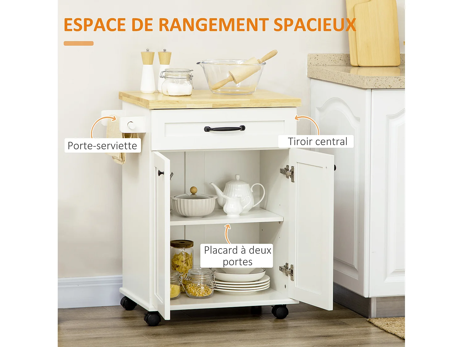 Desserte de cuisine - placard porte avec étagère réglable, tiroir, porte-torchon - blanc bois d'hévéa