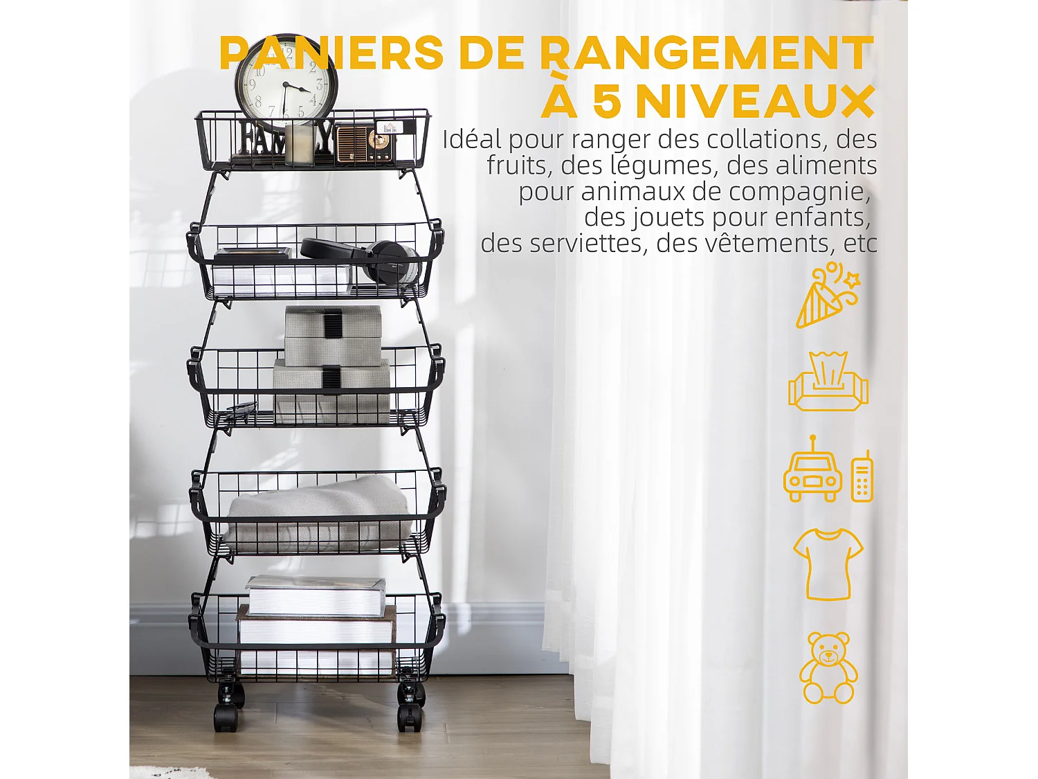 Corbeille à fruits 5 niveaux - desserte de cuisine à roulettes - paniers empilables amovibles - acier noir