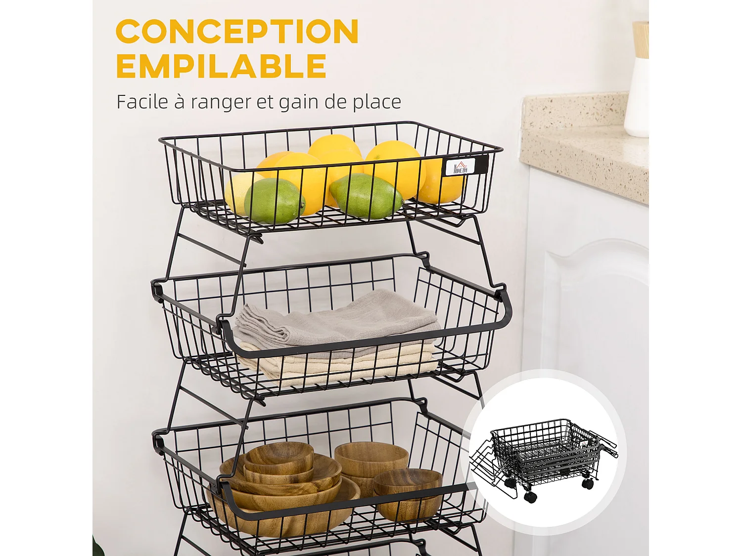 Corbeille à fruits 5 niveaux - desserte de cuisine à roulettes - paniers empilables amovibles - acier noir