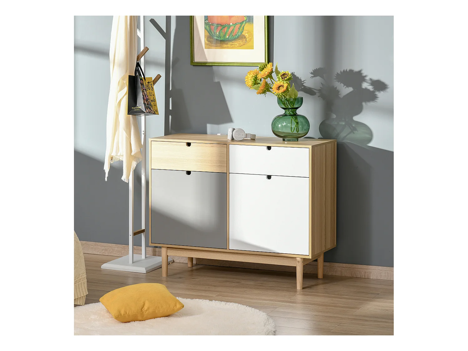 Buffet design scandinave 2 placards tiroirs coulissants MDF multicolore blanc gris bois clair