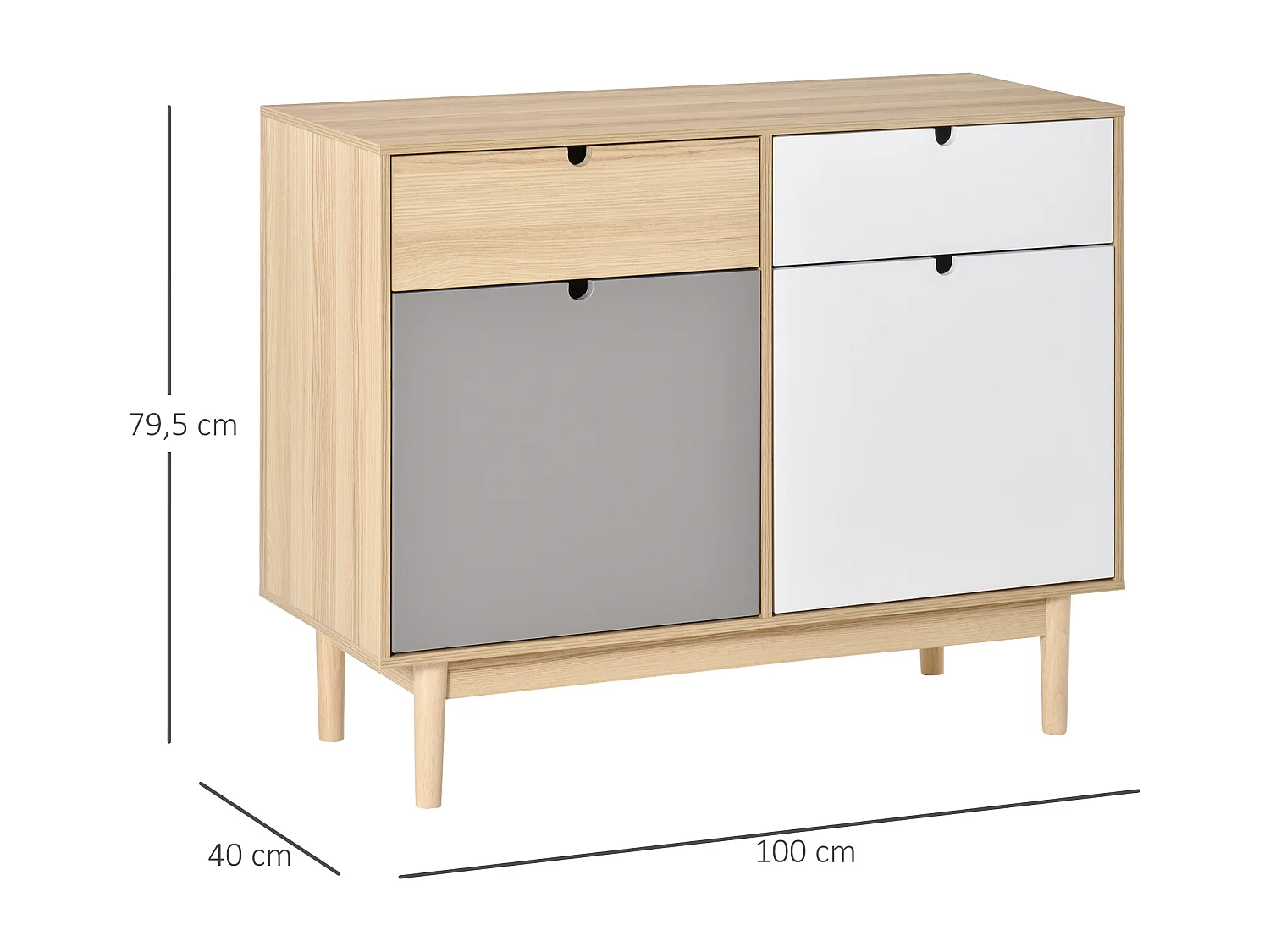 Buffet design scandinave 2 placards tiroirs coulissants MDF multicolore blanc gris bois clair