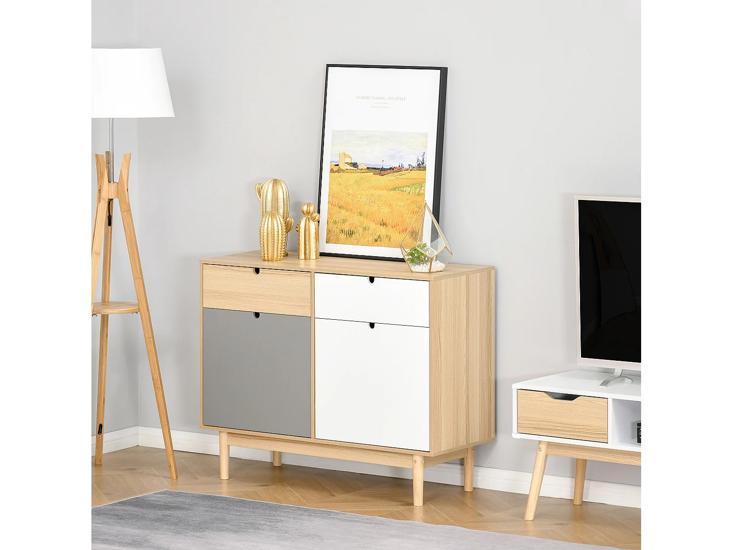 Buffet design scandinave 2 placards tiroirs coulissants MDF multicolore blanc gris bois clair