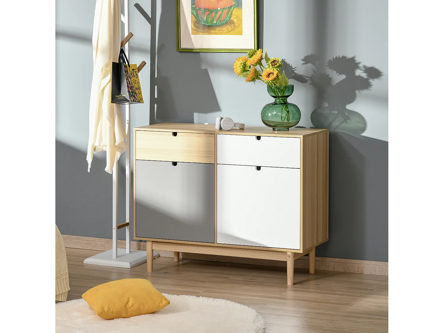 Buffet design scandinave 2 placards tiroirs coulissants MDF multicolore blanc gris bois clair