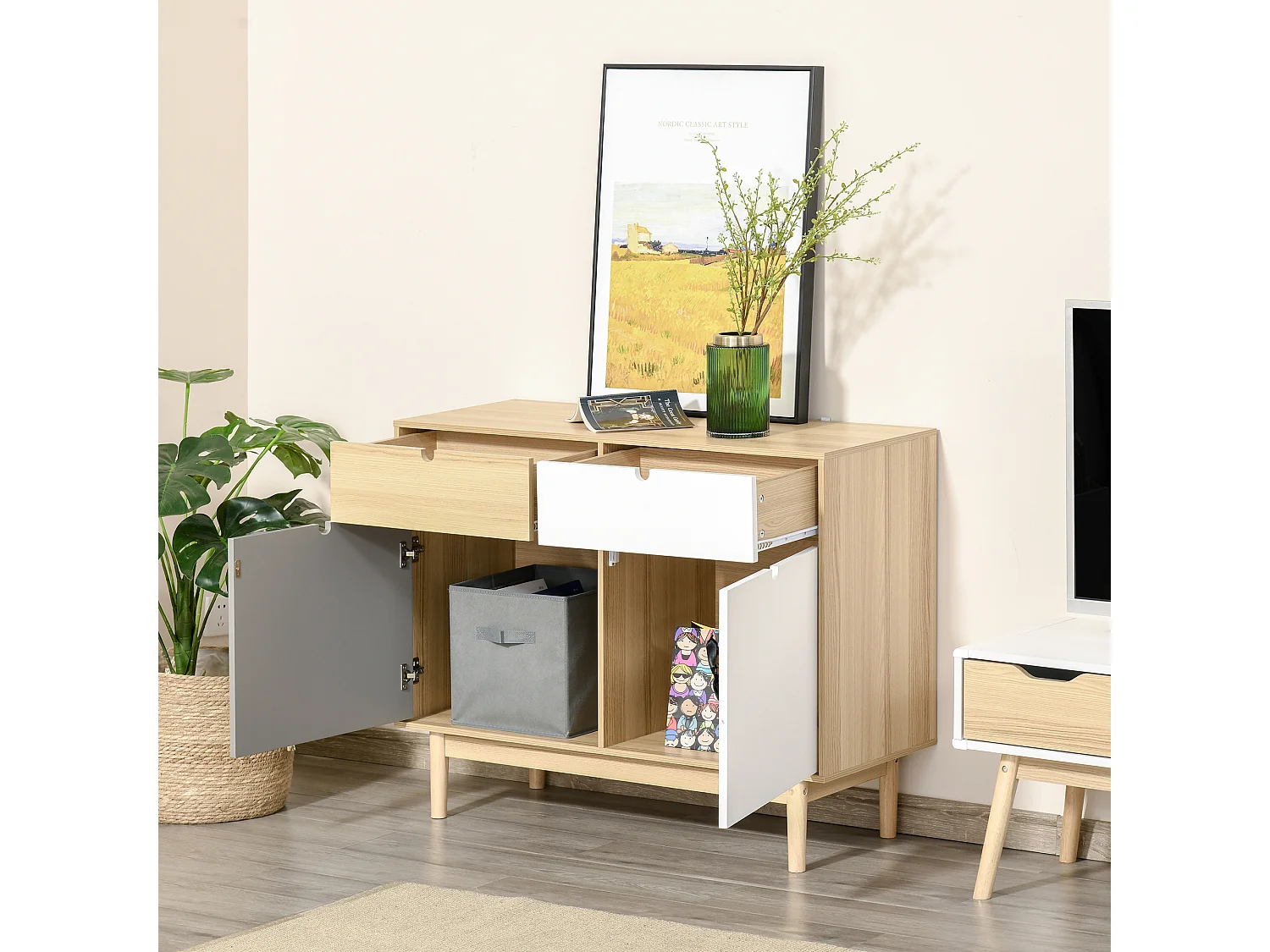 Buffet design scandinave 2 placards tiroirs coulissants MDF multicolore blanc gris bois clair