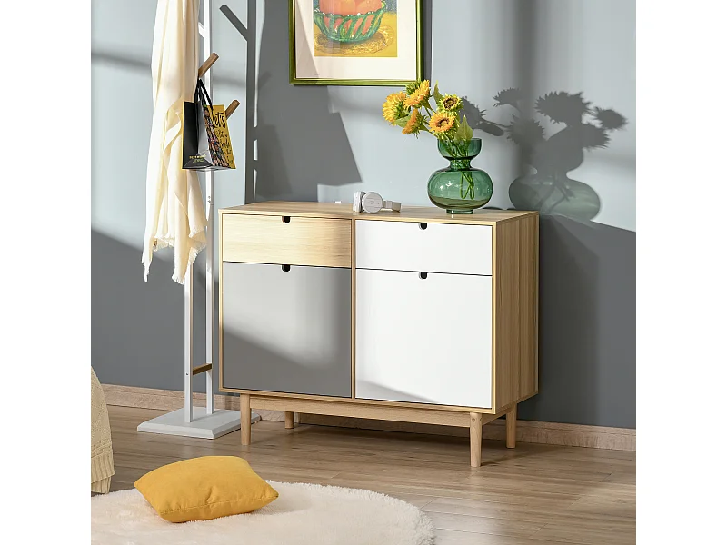 Buffet design scandinave 2 placards tiroirs coulissants MDF multicolore blanc gris bois clair