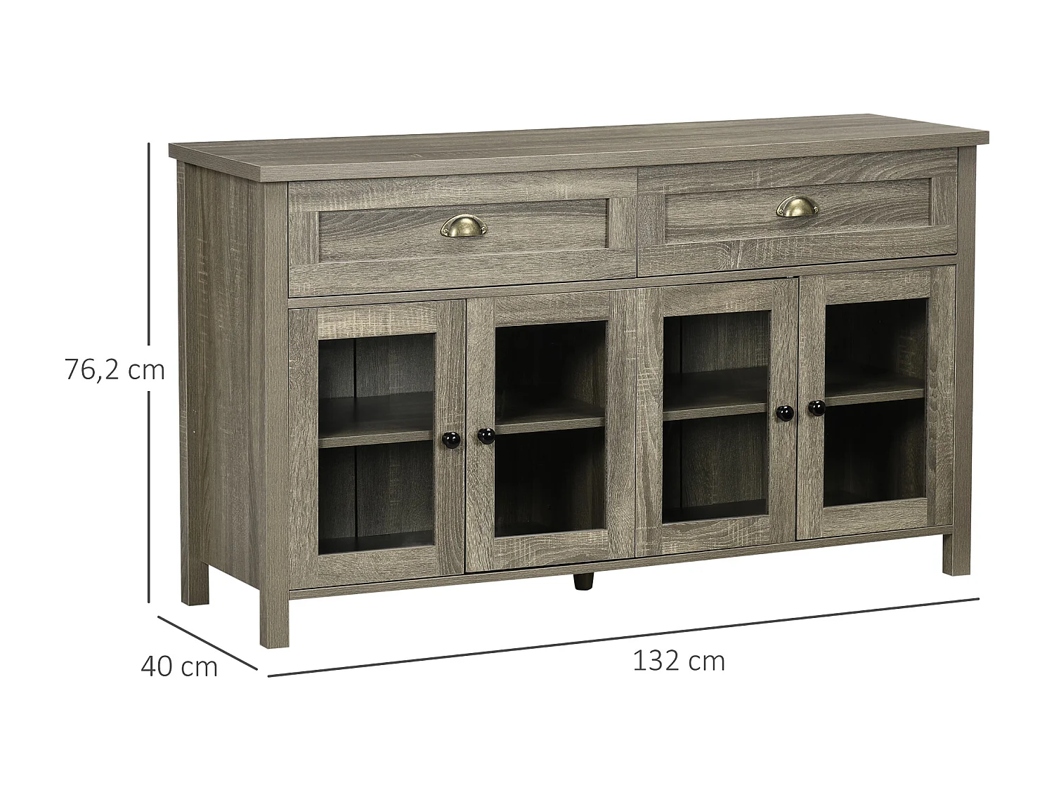 Buffet meuble de rangement 4 portes verres étagères réglables 2 tiroirs gris