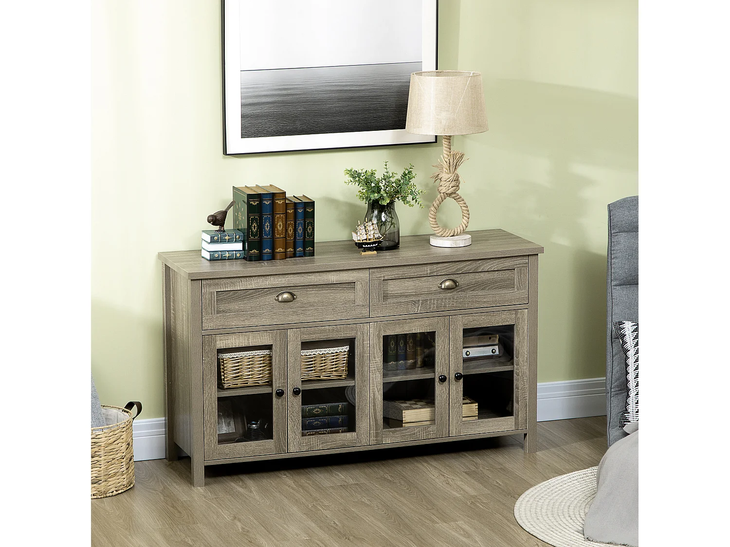 Buffet meuble de rangement 4 portes verres étagères réglables 2 tiroirs gris