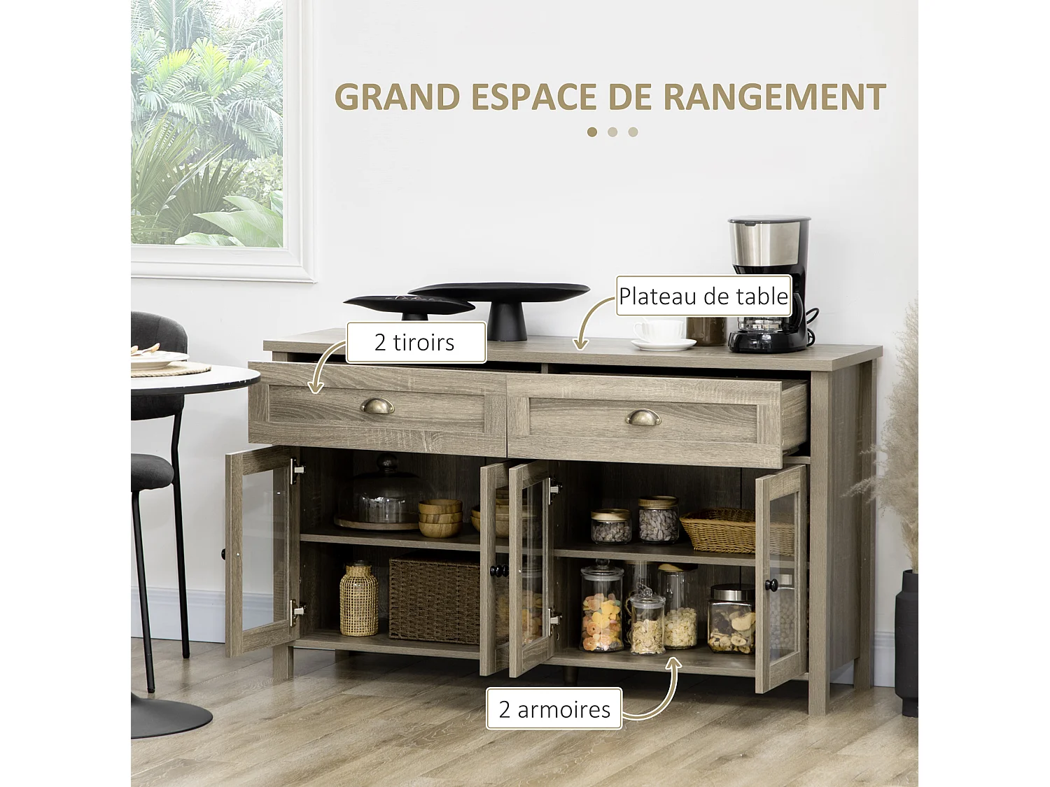 Buffet meuble de rangement 4 portes verres étagères réglables 2 tiroirs gris