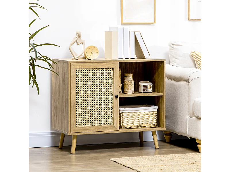 Buffet style bohème - 1 porte, étagère, 2 niches - piètement bois panneaux aspect bois manguier rotin