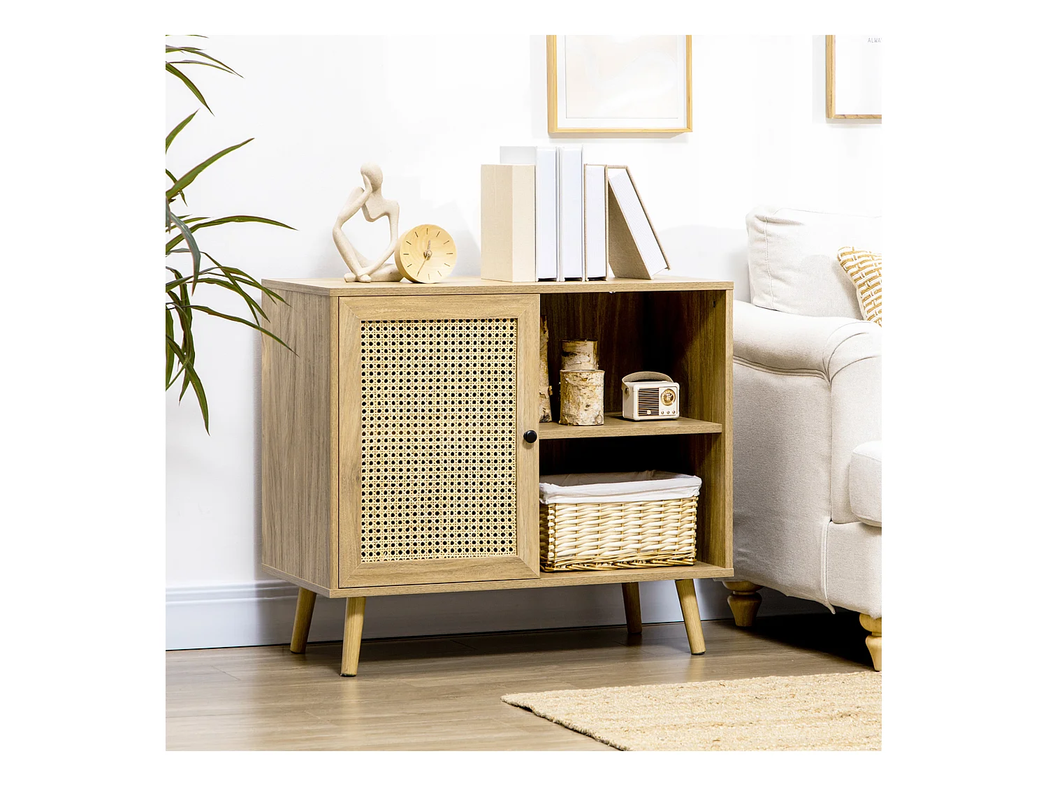 Buffet style bohème - 1 porte, étagère, 2 niches - piètement bois panneaux aspect bois manguier rotin