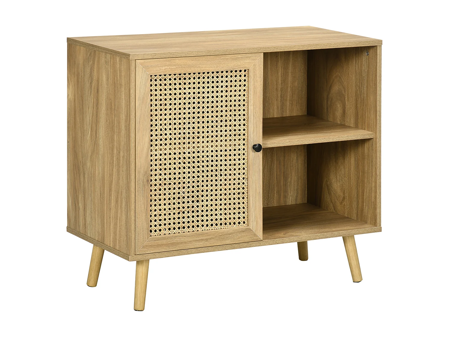 Buffet style bohème - 1 porte, étagère, 2 niches - piètement bois panneaux aspect bois manguier rotin