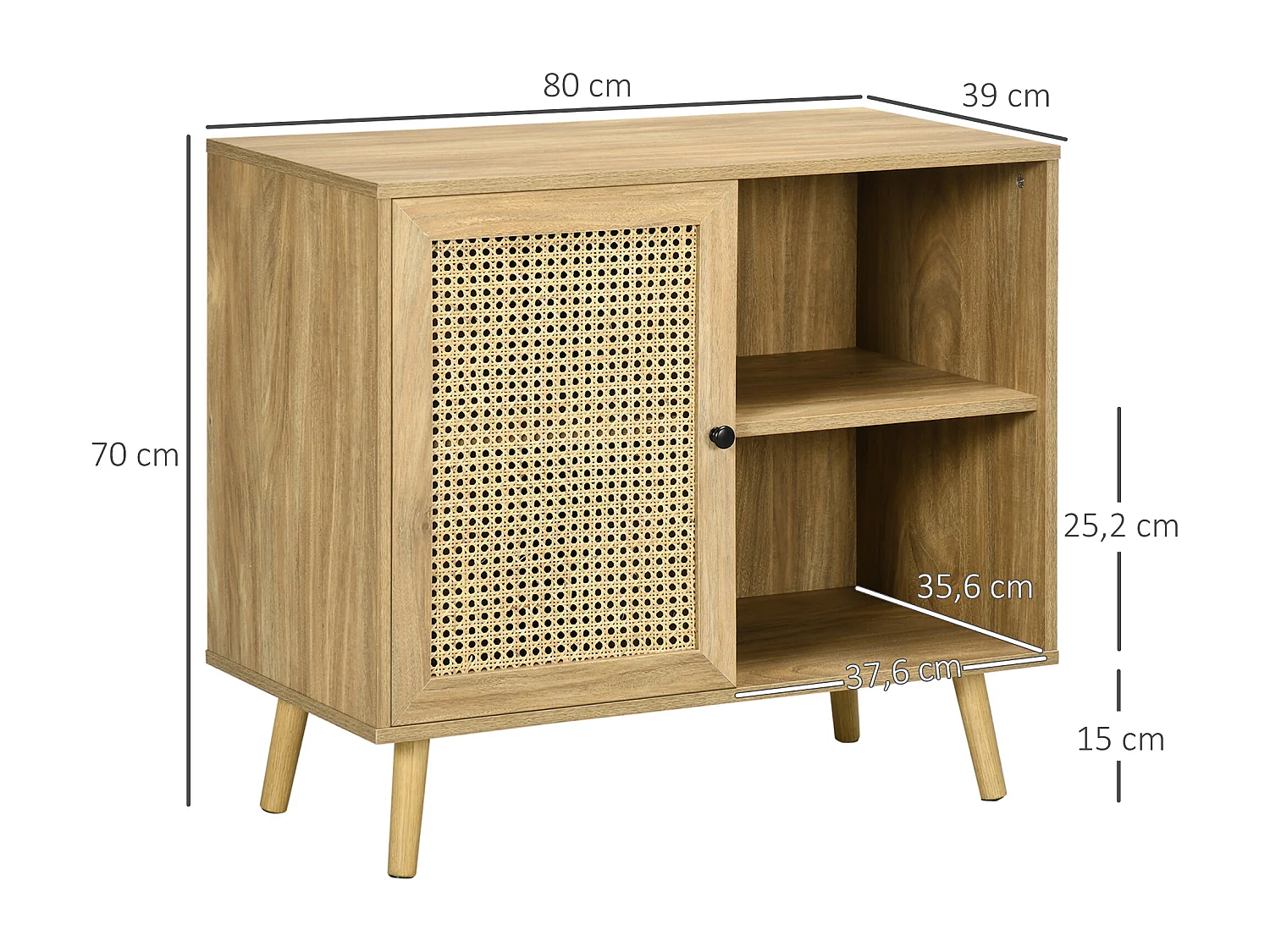 Buffet style bohème - 1 porte, étagère, 2 niches - piètement bois panneaux aspect bois manguier rotin