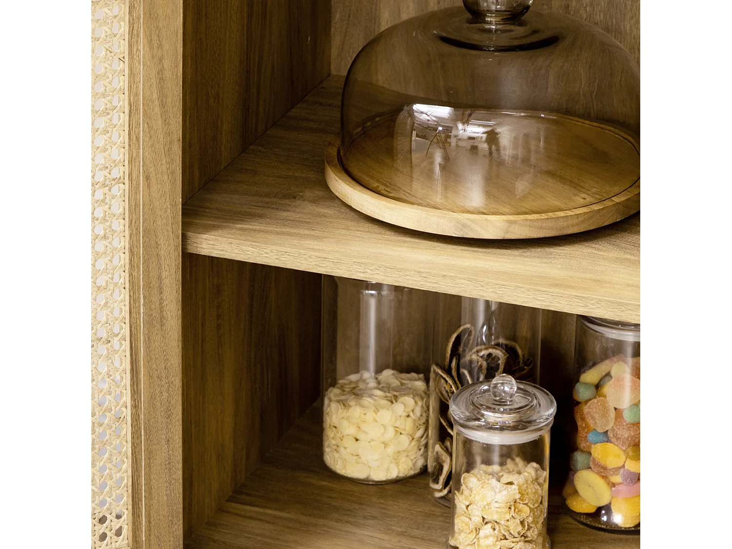 Buffet style bohème - 1 porte, étagère, 2 niches - piètement bois panneaux aspect bois manguier rotin