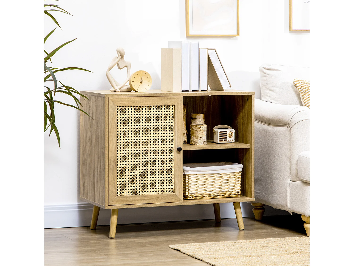 Buffet style bohème - 1 porte, étagère, 2 niches - piètement bois panneaux aspect bois manguier rotin