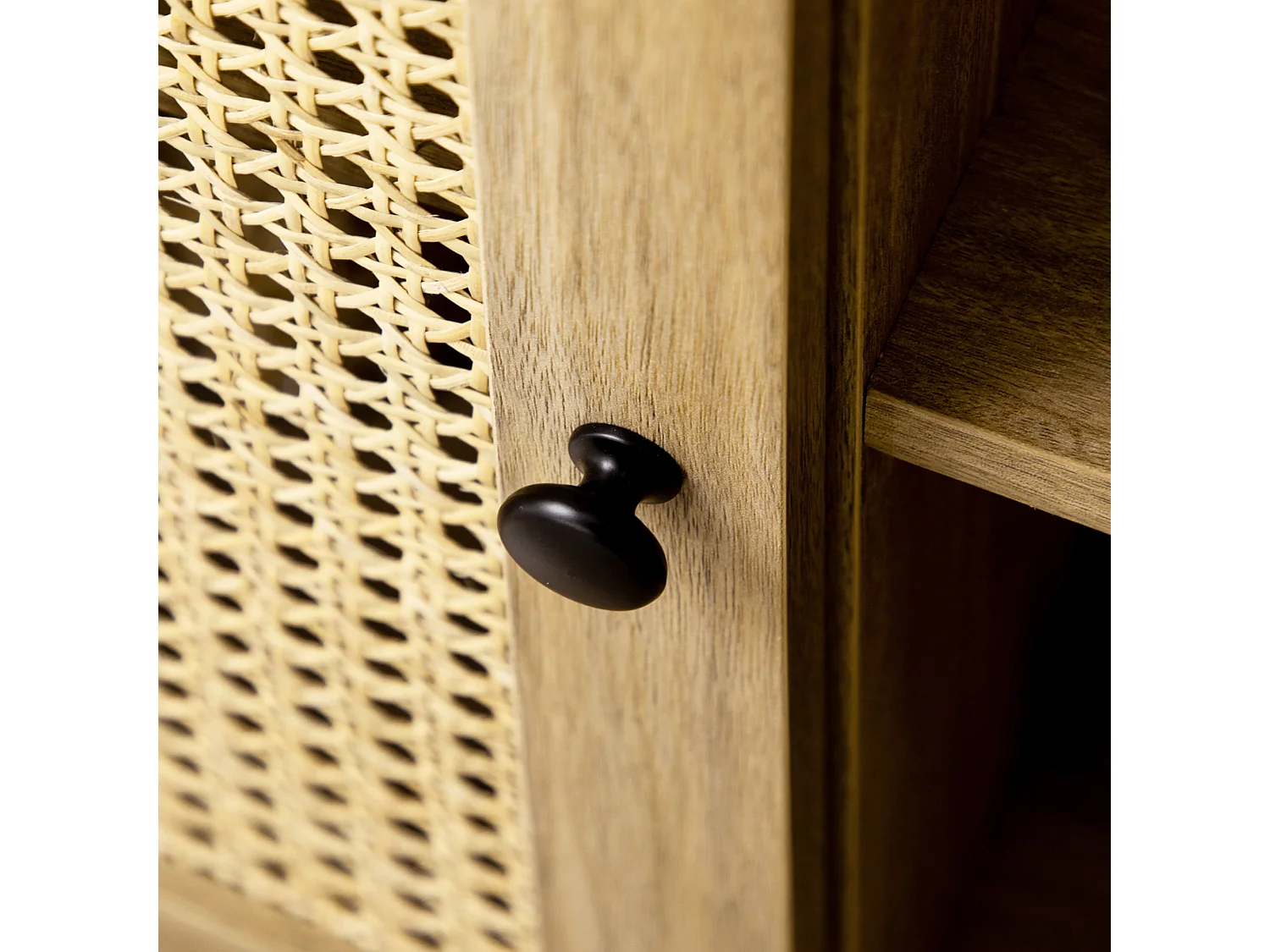 Buffet style bohème - 1 porte, étagère, 2 niches - piètement bois panneaux aspect bois manguier rotin