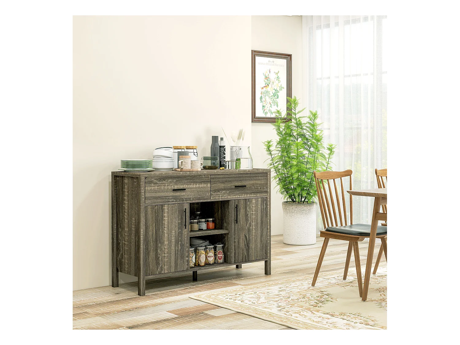 Buffet meuble de rangement 2 portes étagères réglables 2 niches 2 tiroirs gris