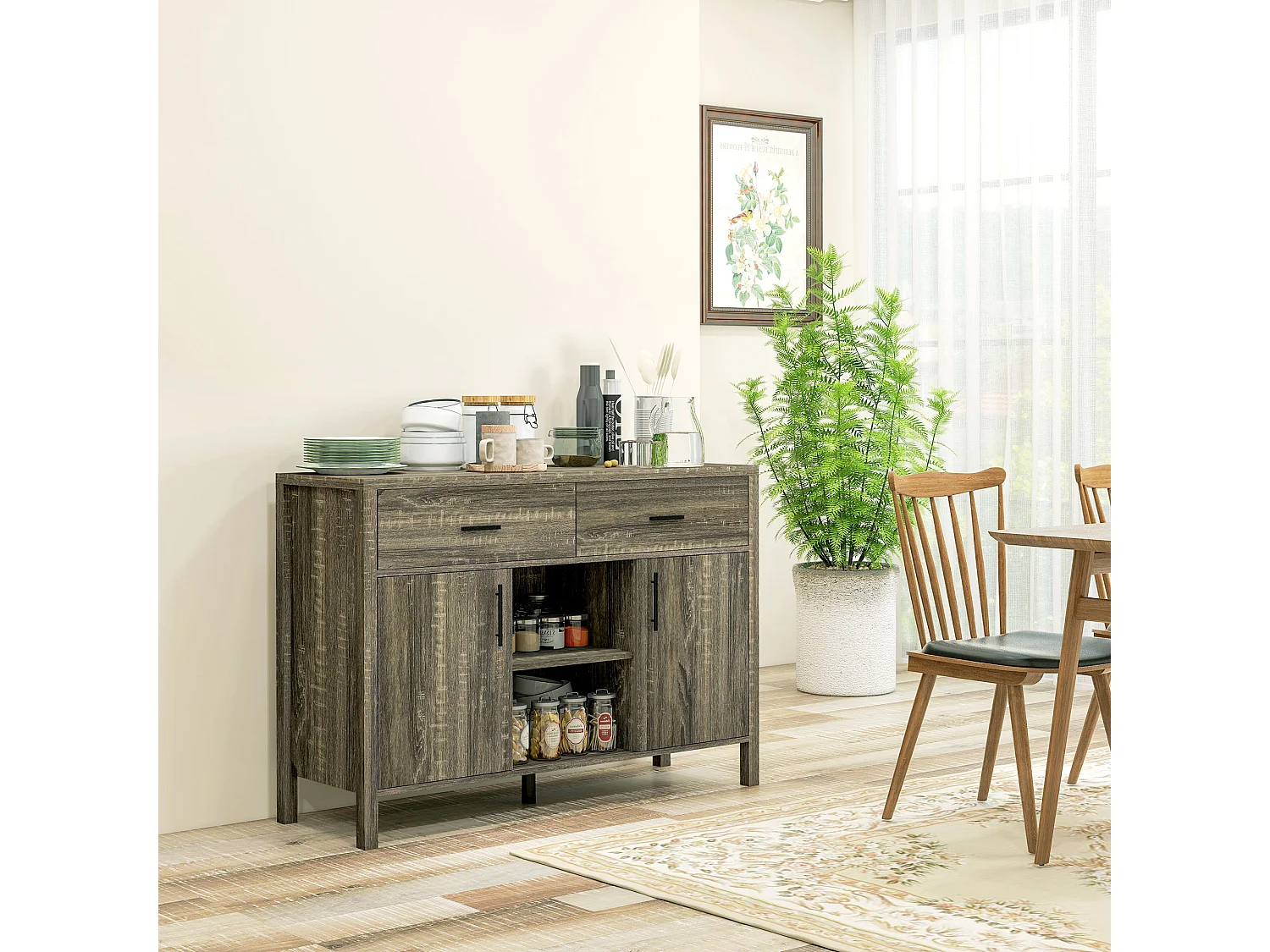 Buffet meuble de rangement 2 portes étagères réglables 2 niches 2 tiroirs gris