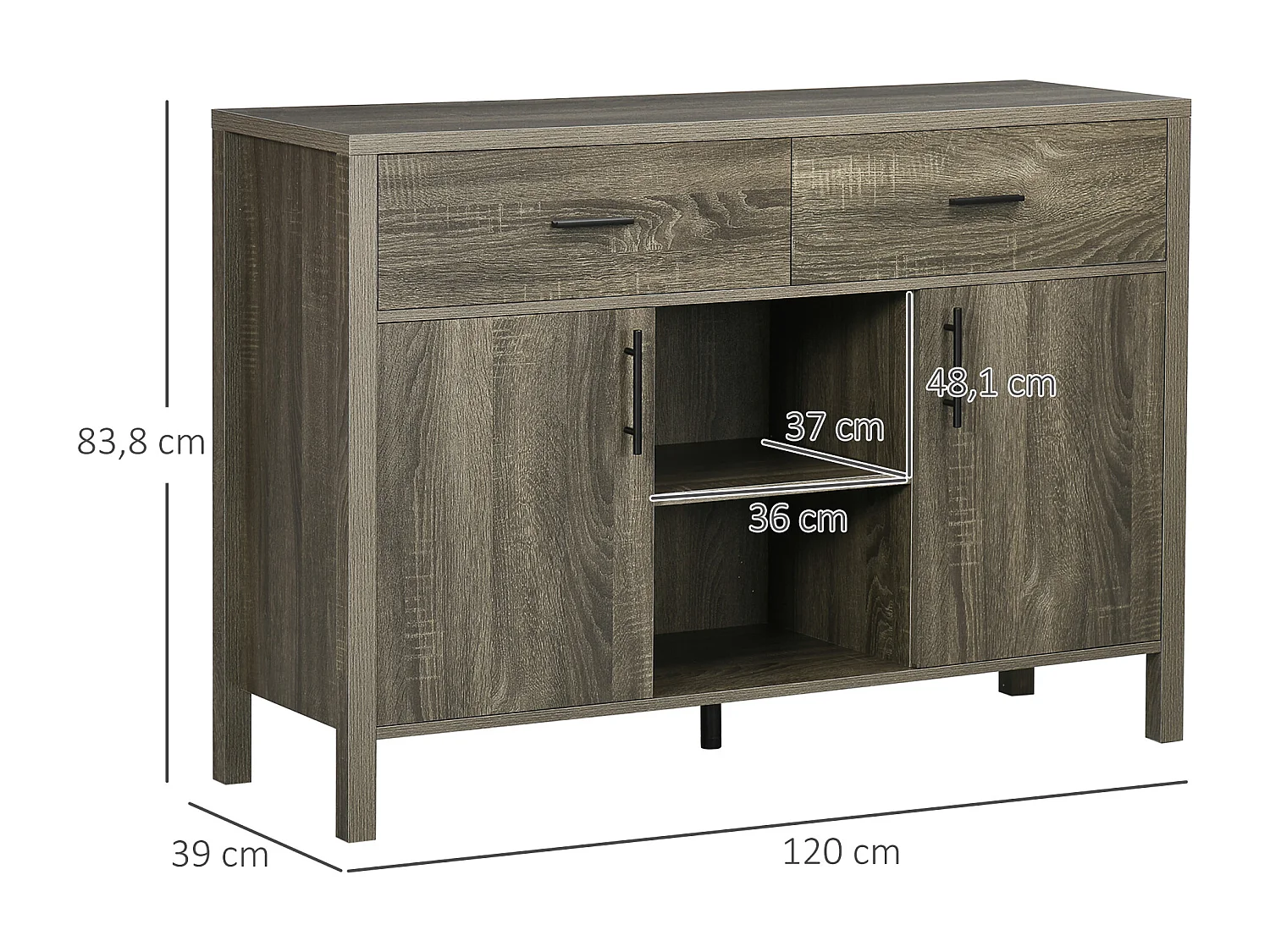 Buffet meuble de rangement 2 portes étagères réglables 2 niches 2 tiroirs gris