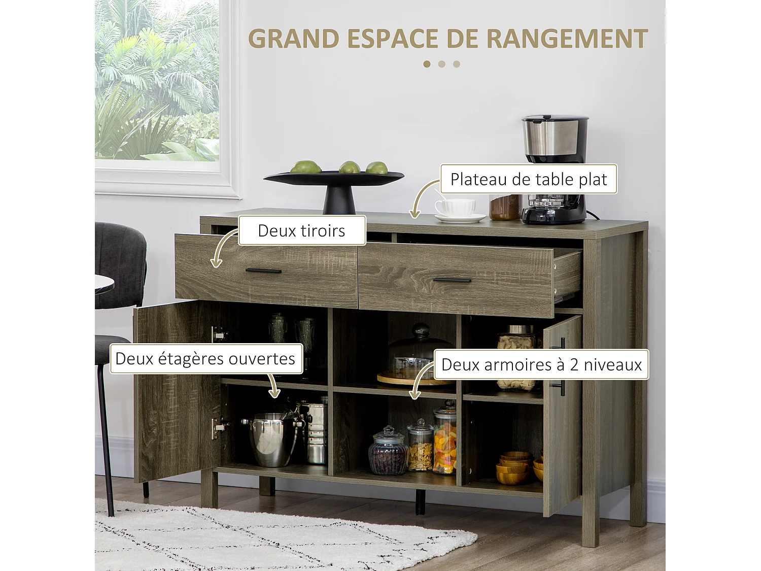 Buffet meuble de rangement 2 portes étagères réglables 2 niches 2 tiroirs gris