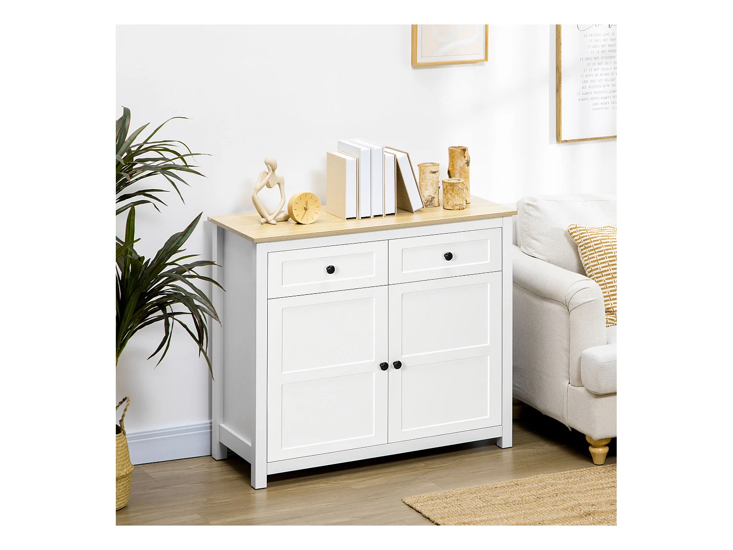 Buffet 2 portes étagère réglable 2 tiroirs panneaux particules blanc aspect bois clair