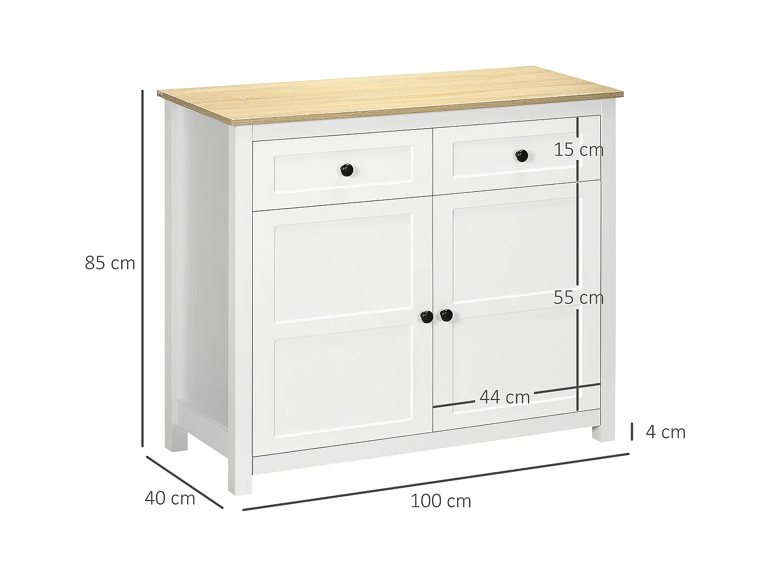 Buffet 2 portes étagère réglable 2 tiroirs panneaux particules blanc aspect bois clair