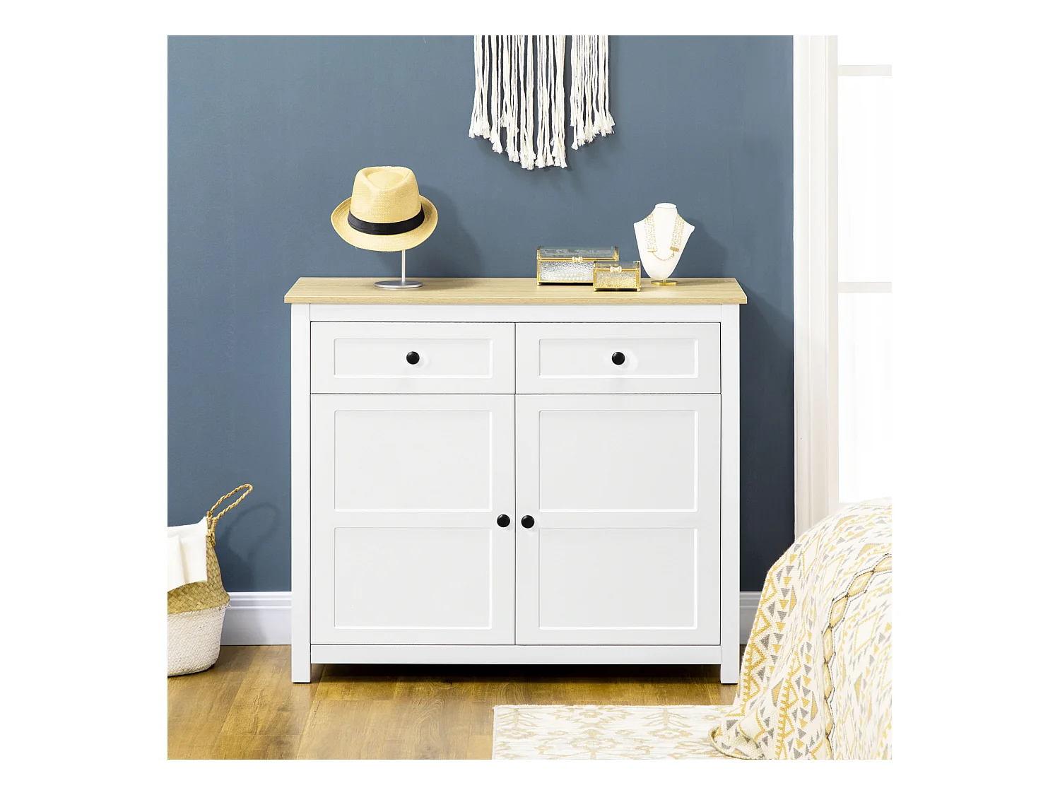 Buffet 2 portes étagère réglable 2 tiroirs panneaux particules blanc aspect bois clair