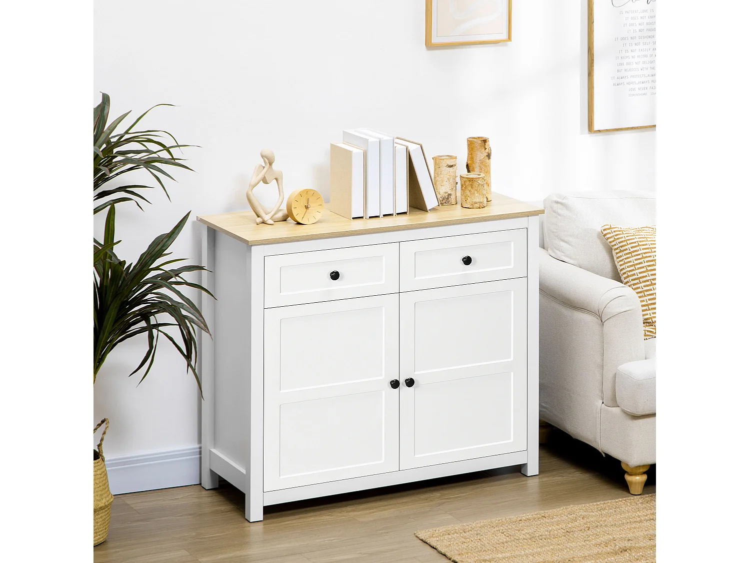 Buffet 2 portes étagère réglable 2 tiroirs panneaux particules blanc aspect bois clair