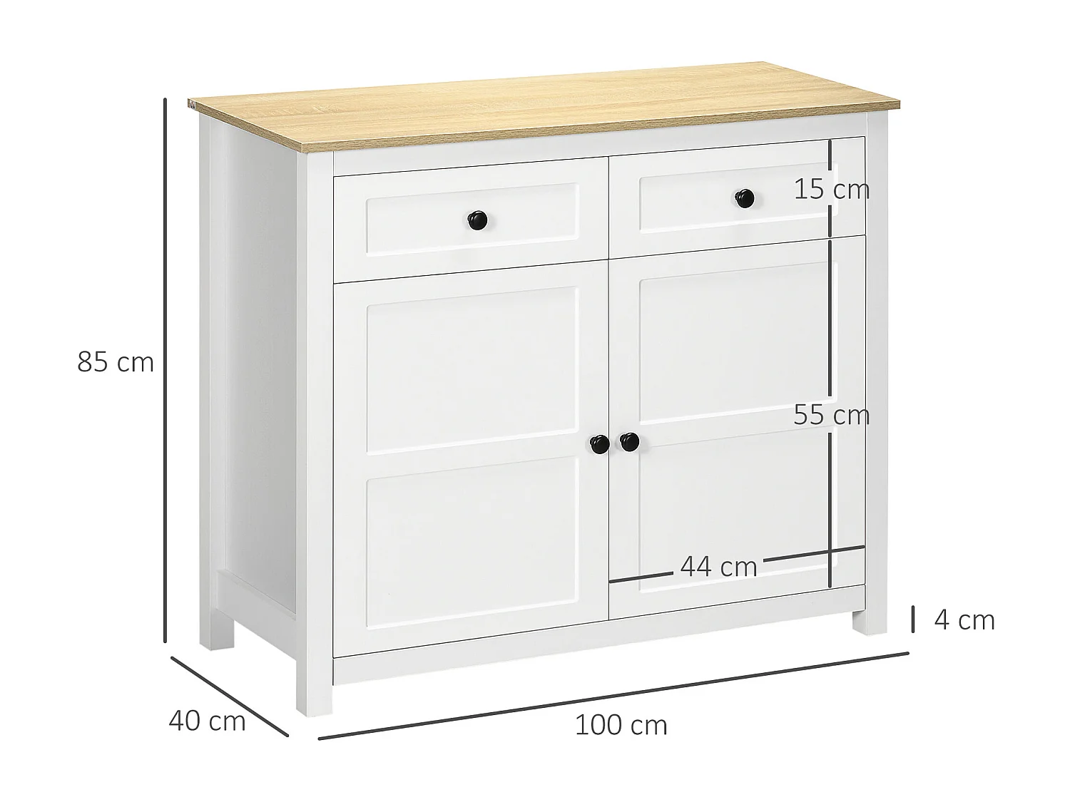 Buffet 2 portes étagère réglable 2 tiroirs panneaux particules blanc aspect bois clair