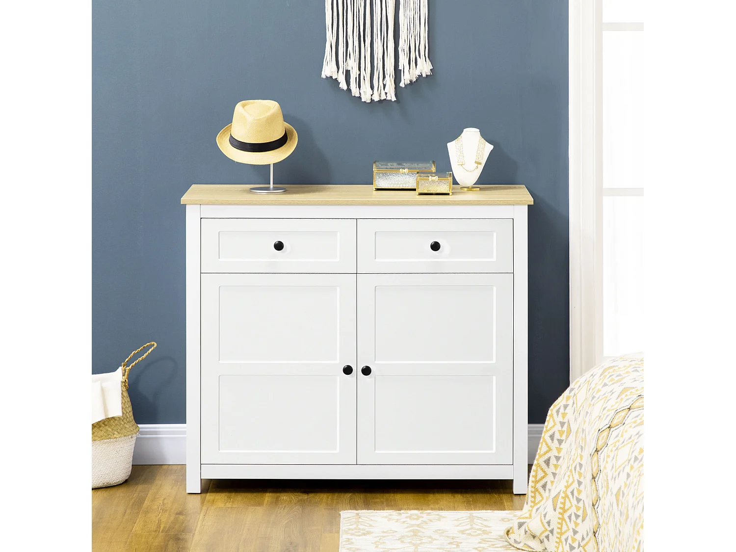 Buffet 2 portes étagère réglable 2 tiroirs panneaux particules blanc aspect bois clair