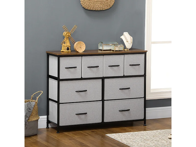 Commode meuble de rangement 8 tiroirs - dim. 100L x 30l x 78H cm - structure acier noir tissu pliant gris