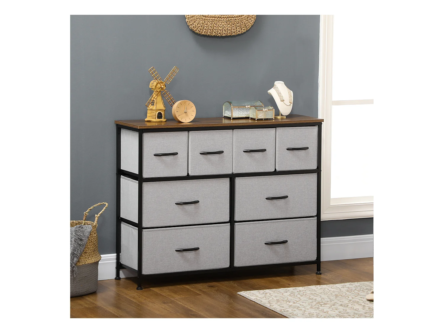 Commode meuble de rangement 8 tiroirs - dim. 100L x 30l x 78H cm - structure acier noir tissu pliant gris