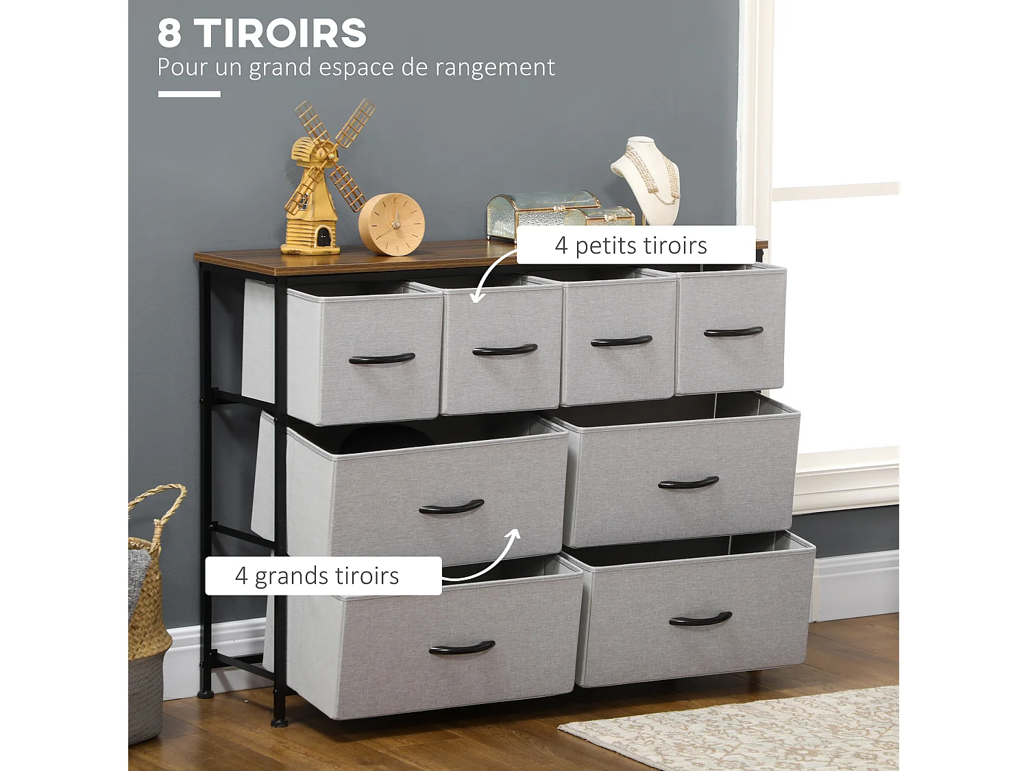 Commode meuble de rangement 8 tiroirs - dim. 100L x 30l x 78H cm - structure acier noir tissu pliant gris