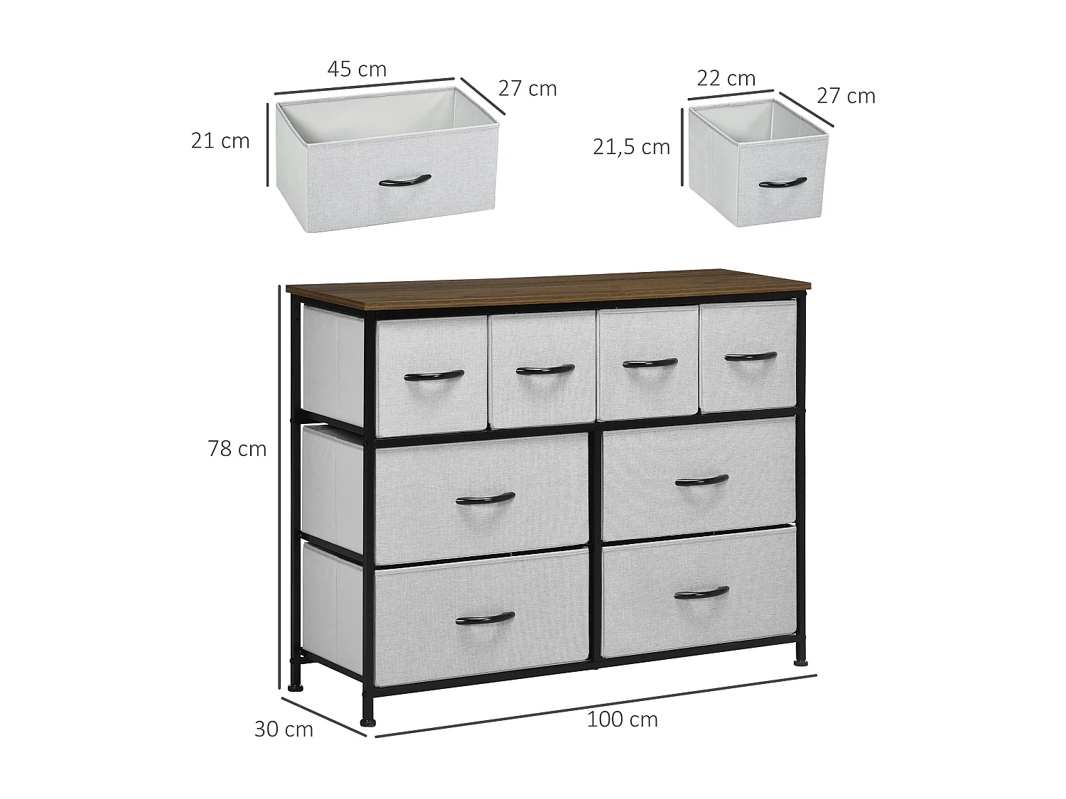 Commode meuble de rangement 8 tiroirs - dim. 100L x 30l x 78H cm - structure acier noir tissu pliant gris
