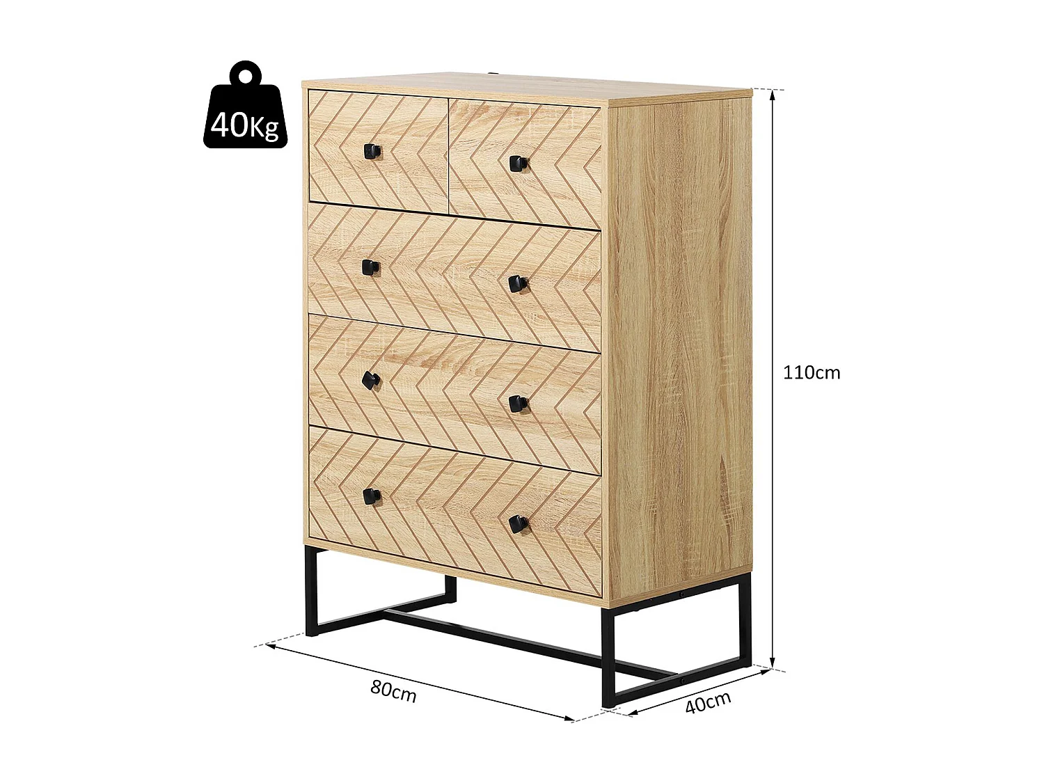 Commode design style graphique façades tiroirs à chevrons - 5 tiroirs - piètement métal noir panneaux aspect chêne clair