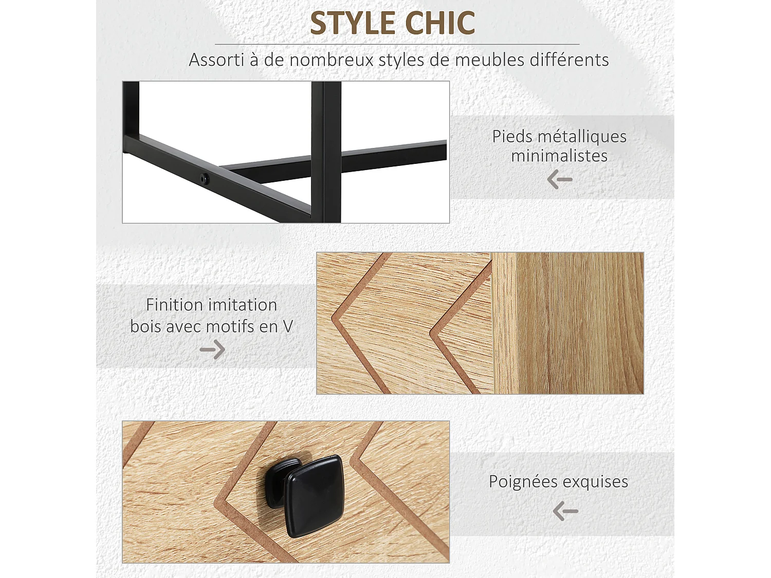 Commode design style graphique façades tiroirs à chevrons - 5 tiroirs - piètement métal noir panneaux aspect chêne clair