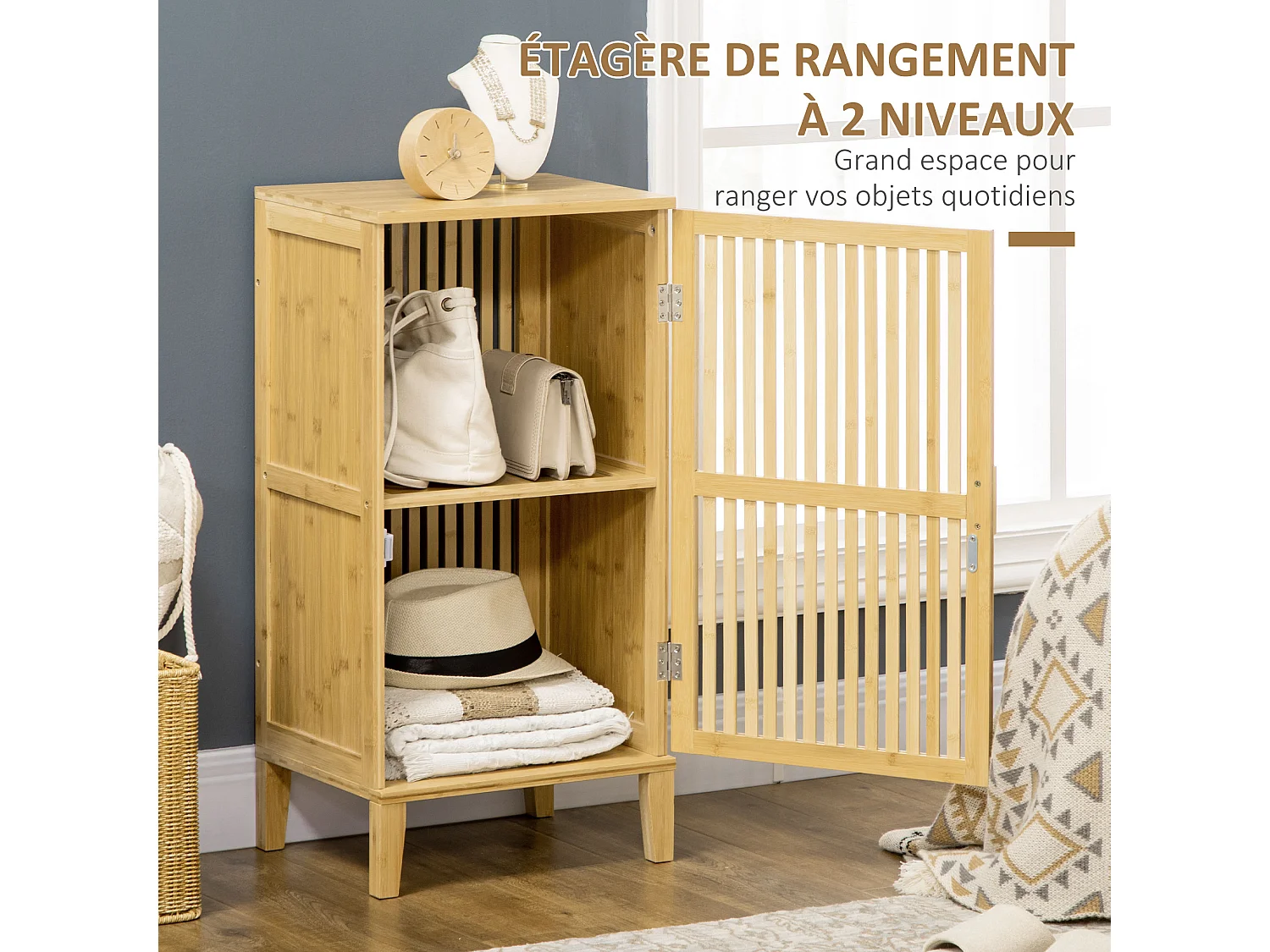 Rangement porte 2 niveaux avec étagère façade à lattes bois de bambou verni
